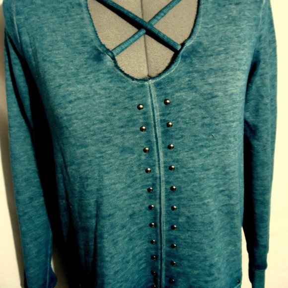 ROCK & REPUBLIC Studs Sweatshirt Top XS Blue Caged V-neck LS Trendy mineral wash - Picture 2 of 10
